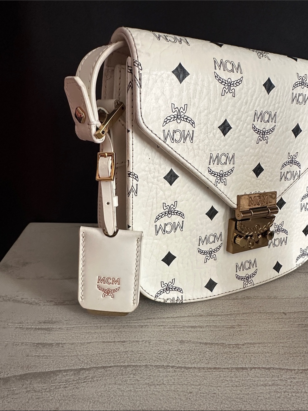 MCM White Visetos Logo Crossbody with Gold-Tone Lock - Picture 2 of 6